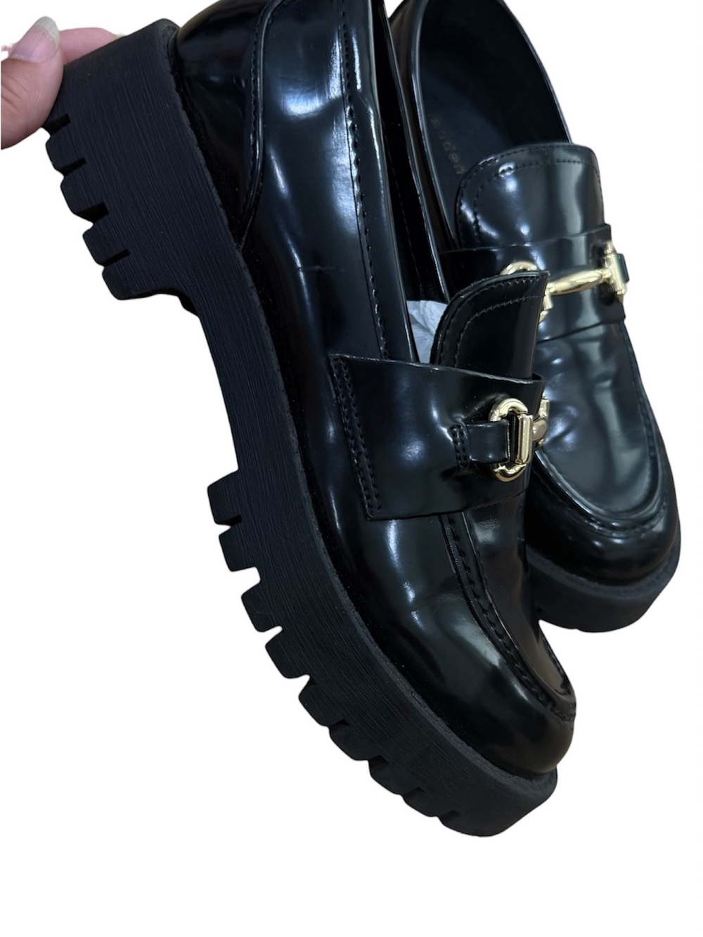 Steve Madden Black Patent Leather Lug Sole Loafers with Gold Hardware